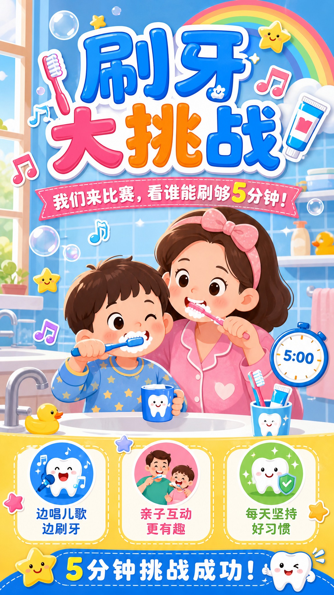 一张可爱卡通扁平插画风格的儿童刷牙比赛主题海报，竖版9:16。… - 图片创意预览