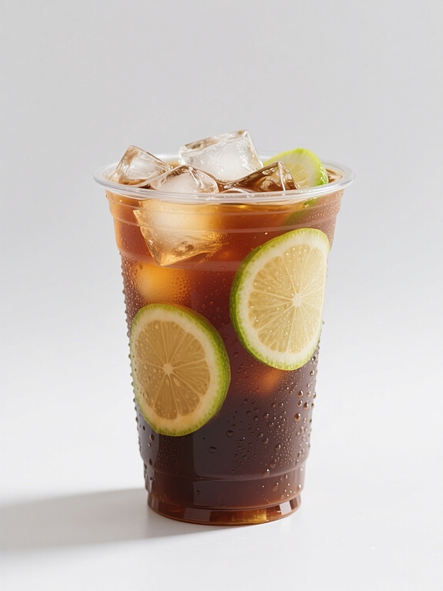 一张高清写实风格的奶茶饮品广告图，纯白色背景，透明塑料高杯装满奶茶，奶茶呈现深棕色，杯中漂浮着大量透明冰块和几片新鲜柠檬片，柠檬片边缘带有绿色果皮，杯壁上凝结着细密的水珠，光线从上方柔和照射，使奶茶表面泛着自然光泽，冰块和柠檬片的细节清晰可见，整体画面清新诱人，突出饮品的冰凉清爽质感。