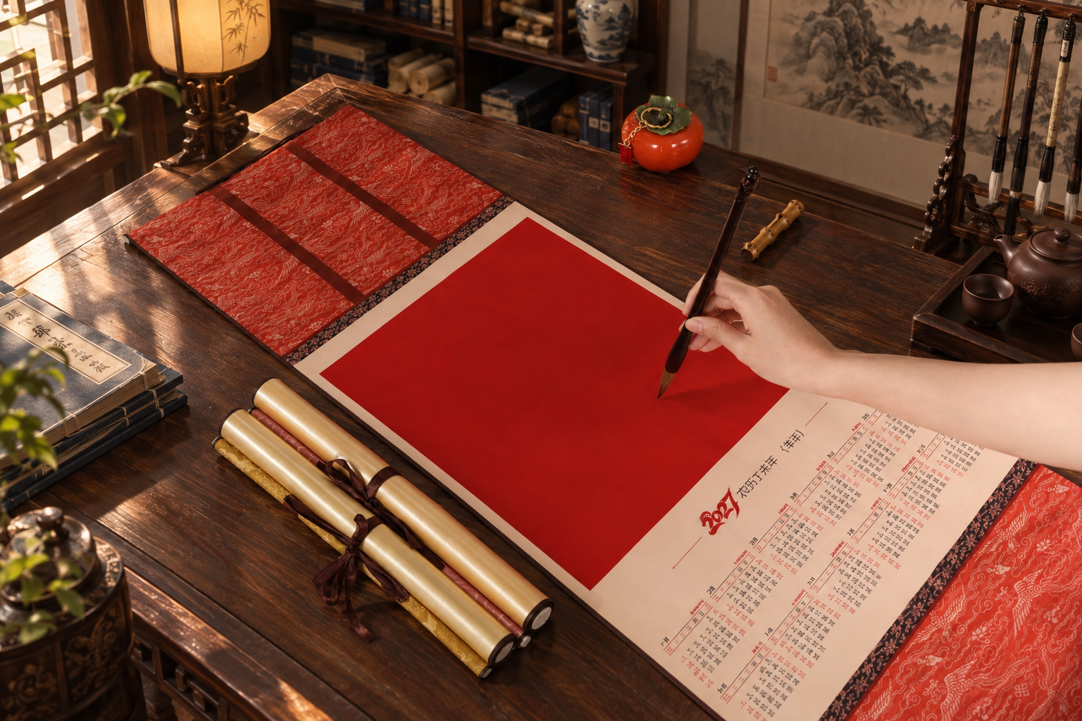 将背景替换为中式书房场景，保留原图中的红色卷轴日历、手持毛笔的… - 图片创意预览