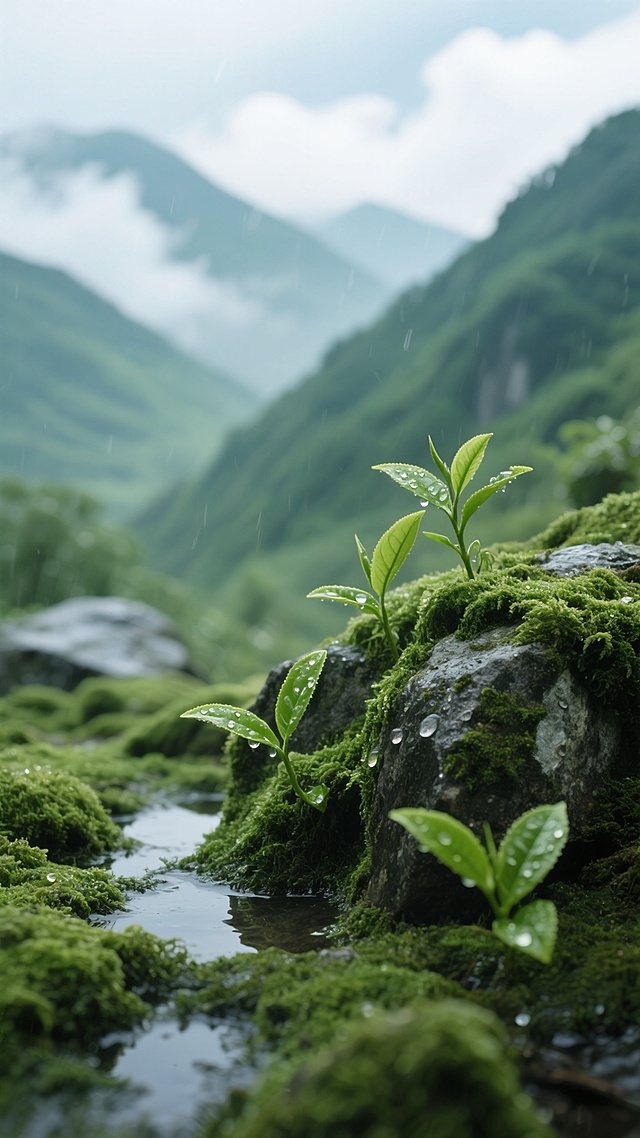 超写实摄影，山间近景，主调鲜嫩绿，晨雨后宁静。前景岩石覆密绿苔藓，显湿润软质，间有新生嫩绿茶叶挂露珠闪微光，岩表糙纹衬苔细腻，几处积水映绿意。背景叠峦浅景深呈朦胧绿渐变，天空飘薄白云，柔光明透，生机清新，远离尘嚣静祥，干净自然，合现实逻辑用于背景素材。