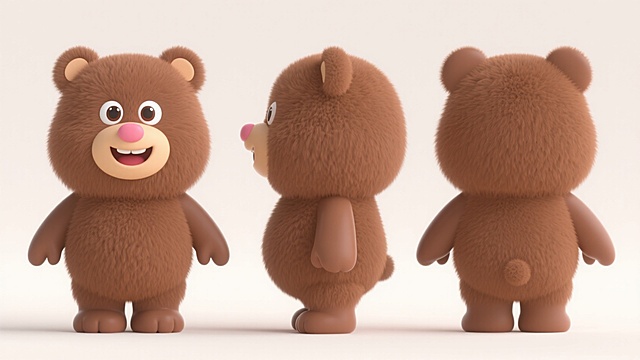 3D卡通小熊，毛发生长质感，拟人化设计，可爱风格，适合儿童节日。