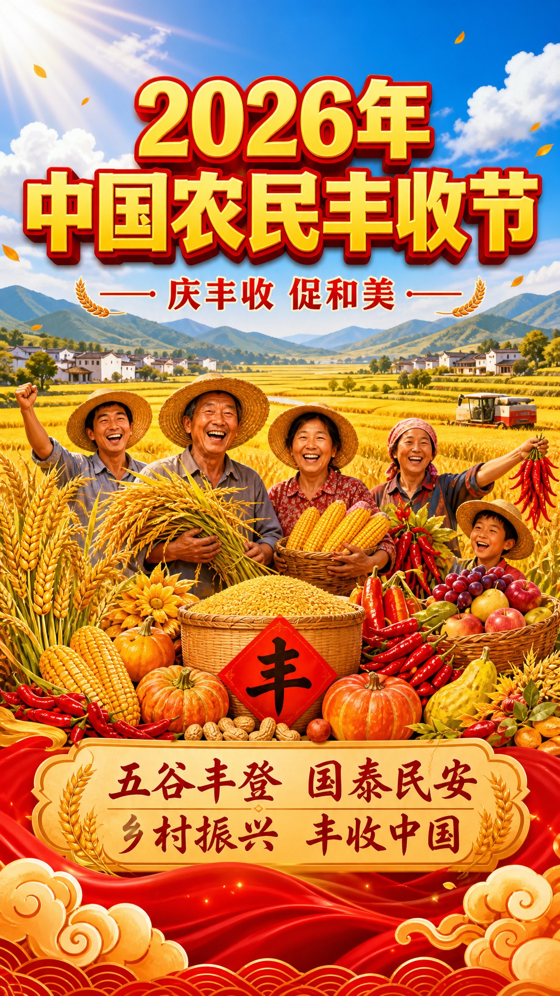 一张中国农民丰收节竖版海报，9:16比例，金黄橙红为主色调，喜… - 图片创意预览