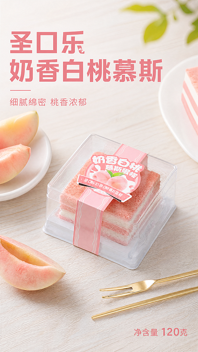 [主图-1] 奶香白桃慕斯蛋糕食欲感首图
[氛围风格] 清新干净甜品风，突出香甜食欲感
[画质] 商业摄影质感、光线柔和通透、产品清晰真实、画面干净高级
[元素] 将原图片中的圣口乐奶香白桃慕斯蛋糕放在清新简约的浅色木质甜品桌上，搭配新鲜白桃果肉切片作为装饰，旁边放着精致餐具。保持慕斯蛋糕产品外观、物理结构、材质质感、粉色分层颜色与输入产品图绝对一致，杜绝任何变形和色差，精细化处理。商品主体占比严格控制在 70% 左右，画面满屏无边框。
[光影] 自然柔和侧光，突出慕斯蛋糕绵密质感，粉色层次清晰通透，整体光影干净明快，突出食欲感
[配色] 主色调为清新浅粉色+米白色，清新甜美，符合甜品定位
[视角构图] 45度斜侧平视拍摄，产品完整不切割，前景中景背景层次清晰
[文字版式] 左上负空间左对齐留安全边距，大字文案"圣口乐 奶香白桃慕斯"，粉色粗体无衬线最大号字体；辅助文案"细腻绵密 桃香浓郁"，约半高同色系浅字体。画面右下角标注"净含量 120克"，清晰易读。文字和信息不遮挡产品主体。
[比例分辨率] 9:16 比例，4k分辨率；文字清晰锐利，画面超高清
[负向提示词] 禁止出现现做现发 坏了包赔 冷链运输词汇，变形，水印，文字错乱，产品图模糊，背景杂乱