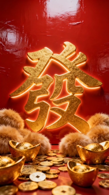 国风风格，巨大的金色立体光晕“發”字，中国书法形式呈现，位于光滑的红色漆面上，周围簇拥着毛绒绒的金元宝，散落着金币，侧方有暖光照射，营造奢华喜庆的氛围预览效果