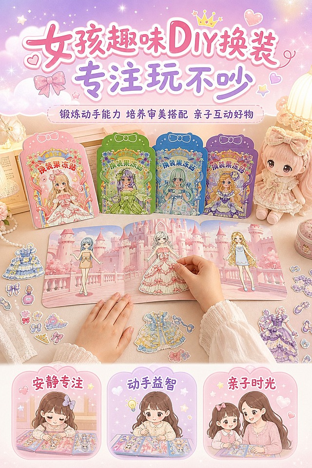 2:3竖版构图，超高清电商详情页，糖果梦幻少女风，柔和自然光，温馨治愈影调，严格还原上传的公主换装果冻贴纸书产品，包括包装设计、颜色、文字内容、图案元素、人物形象、内页底卡、果冻贴纸页等所有细节，产品尺寸约16cm×18cm。画面上半部分为大标题区域，中部为沉浸式场景大图，一本公主换装果冻贴纸书完全打开平铺在梦幻浅色系儿童桌面上，一双小女孩的小手正在操作，一只手按住人物底卡，另一只手正在给娃娃粘贴华丽洛丽塔礼服果冻贴纸，桌面散落几张已撕下的裙装贴纸、皇冠配饰和小鞋子贴纸，旁边放着一本完整包装和一个可爱玩偶做氛围点缀，产品及操作场景占画面60%，底部排列三个情感卖点模块。背景为浅粉紫渐变梦幻色调，点缀柔和云朵、细碎星光、小爱心元素，画面温馨干净，产品崭新无旧化。字体设计：纤细可爱手写文字，大小层级排版，薄阴影文字效果；主标题放在画面顶部："女孩趣味DIY换装 专注玩不吵"，副标题紧随下方："锻炼动手能力 培养审美搭配 亲子互动好物"，底部三个情感卖点模块："安静专注""动手益智""亲子时光"。上下分层排版，视觉焦点集中在小手操作和温馨使用场景，设计感强调情感共鸣与场景代入感，电商详情页风格，无水印，无多余杂物。