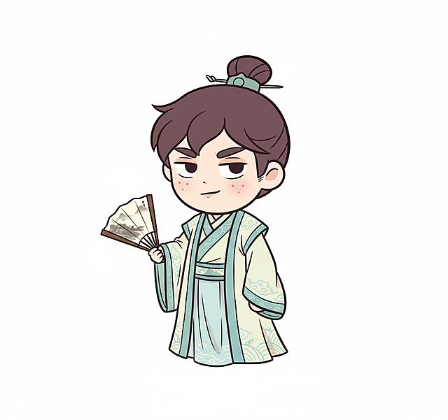 给第一张图的角色换装，换成古风小生的装扮，手拿一把折扇，参考第二张图，角色形象风格和比例保持不变