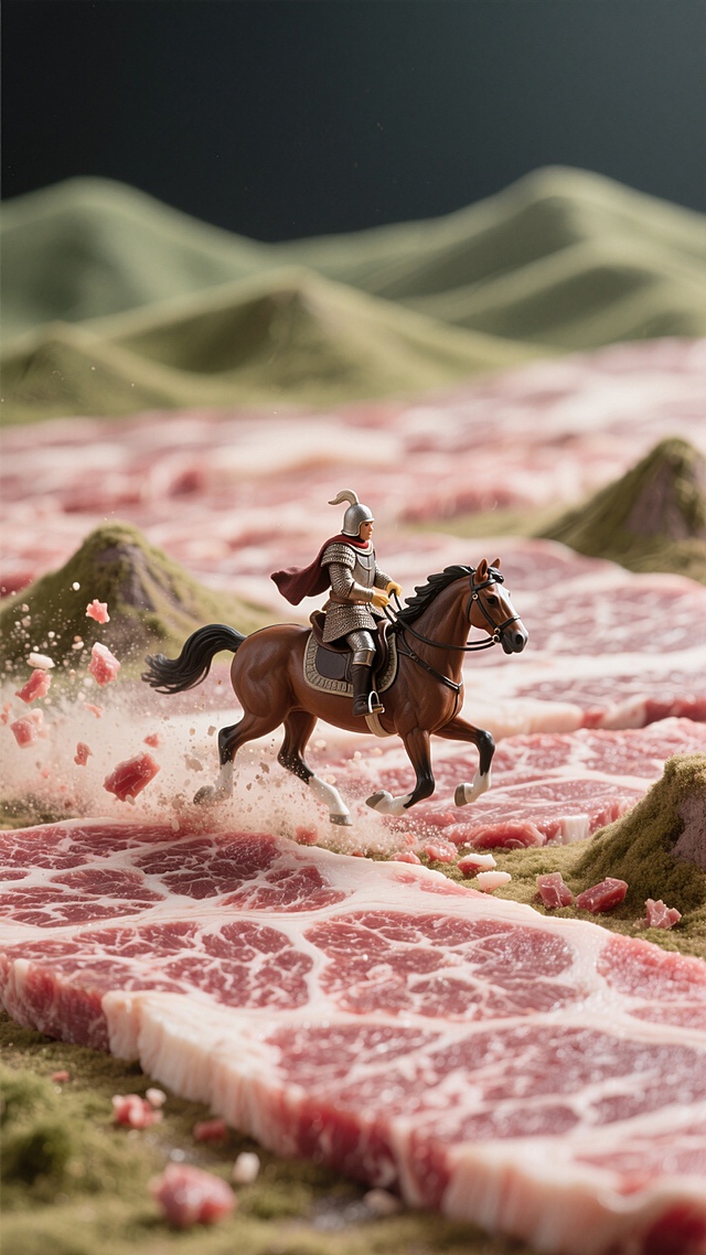 一大片雪花牛肉做成的地面，有突起的雪花牛肉做的小山坡，一个人骑马在地面上