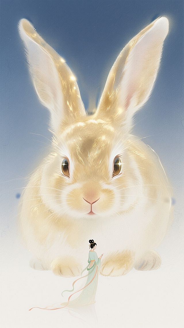 一个巨大的兔子眼睛看着下方的嫦娥（全身），露出朦胧的兔头，兔子眼睛有星光效果，表情柔和，浑身金色发光拉丝效果，光细腻如发丝，大面积留白，概念视觉，朦胧，梦幻，对称构图，极致的大小对比，金色加蓝色调