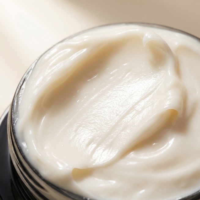 亚马逊面霜质地细节特写图，1:1比例，纯图布局无文案。微距视角聚焦面霜膏体，展示其细腻丝滑的乳霜质地，占画面80%。侧光从左侧45度打入，在膏体表面形成柔和高光带，凸显绵密的纹理和水润光泽。背景浅景深预览效果