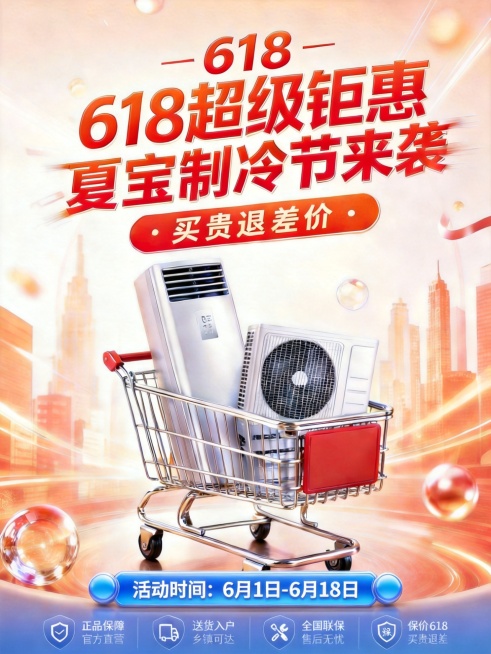 在“活动时间：6月1日-6月18日”文字下方添加一个立体长方形，长方形左右两端为圆形，整体做渐变蓝色效果，保持海报其他所有内容和风格不变预览效果