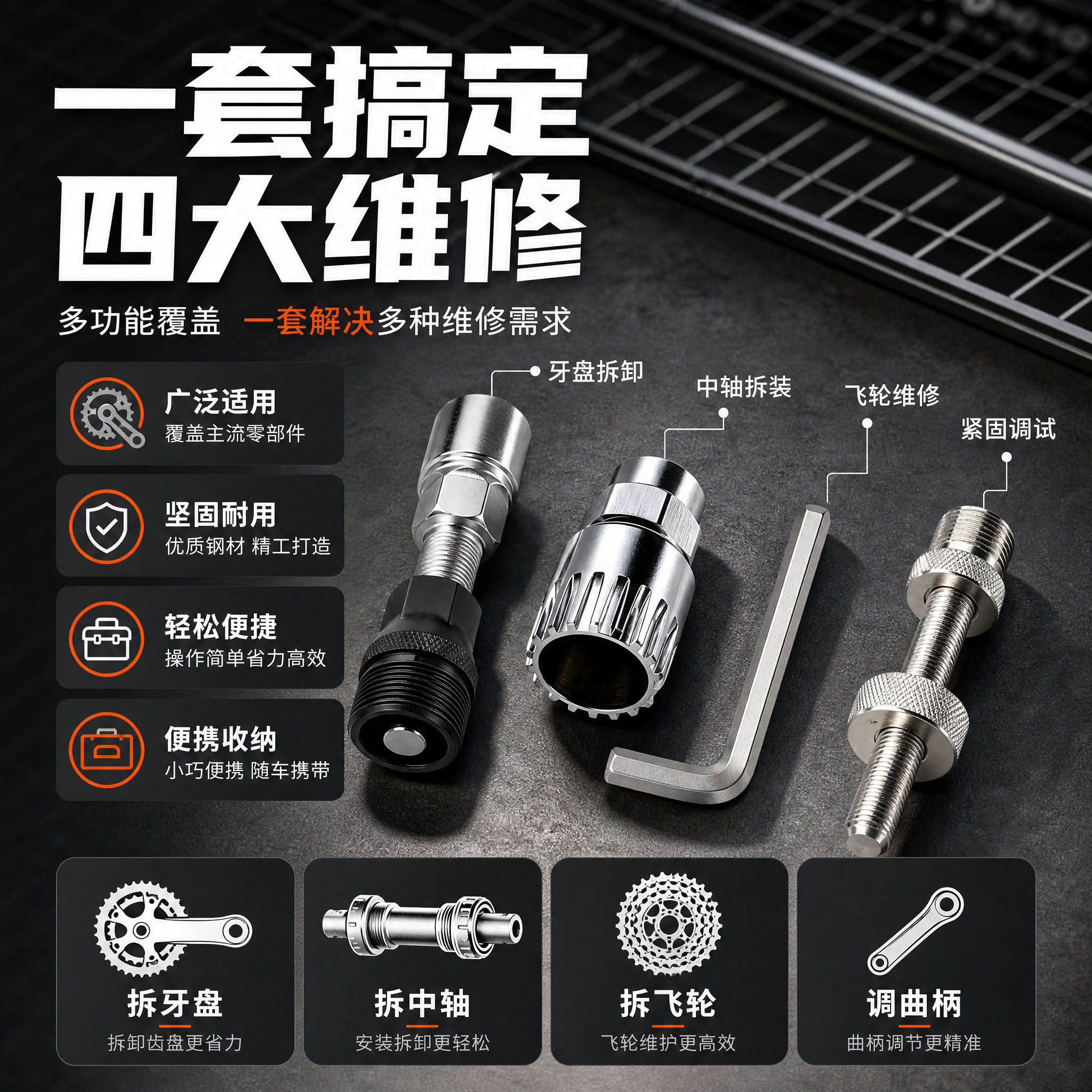 [主图-2] 自行车维修工具套装 核心亮点图，核心任务：突出工… - 图片创意预览