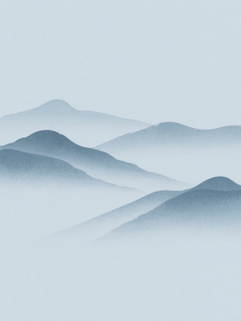 简约现代风格的山峦元素图案，纯净的纯色背景，山峦采用淡雅的蓝灰色调，呈现出水墨般的朦胧质感与柔和渐变，线条流畅舒缓，造型概括抽象，整体画面简洁空灵，意境悠远，山峦元素在画面中规整排布，构图平衡协调。预览效果