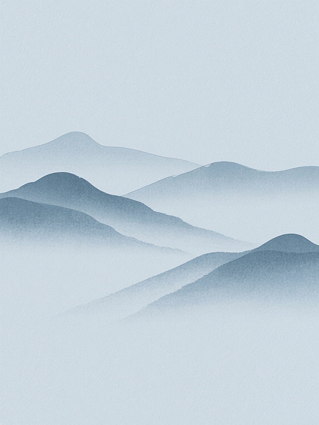 简约现代风格的山峦元素图案，纯净的纯色背景，山峦采用淡雅的蓝灰色调，呈现出水墨般的朦胧质感与柔和渐变，线条流畅舒缓，造型概括抽象，整体画面简洁空灵，意境悠远，山峦元素在画面中规整排布，构图平衡协调。