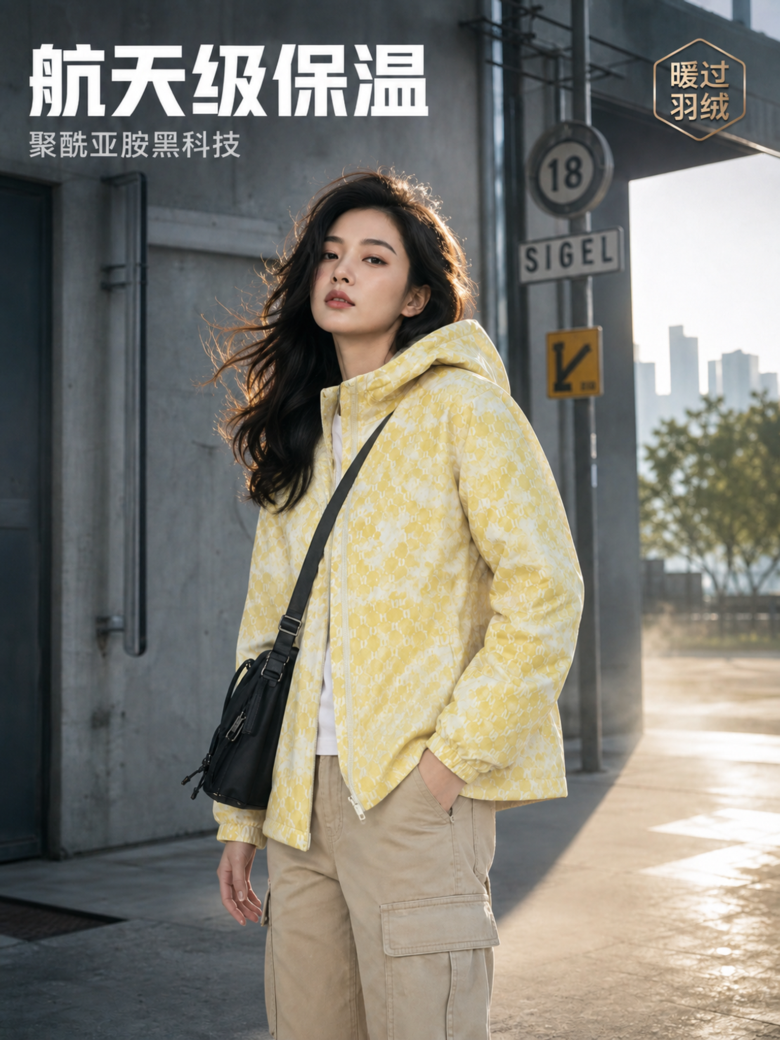 图生图，首图主视觉，参考图风格，年轻亚洲女模特身穿黄色满印老花… - 图片创意预览