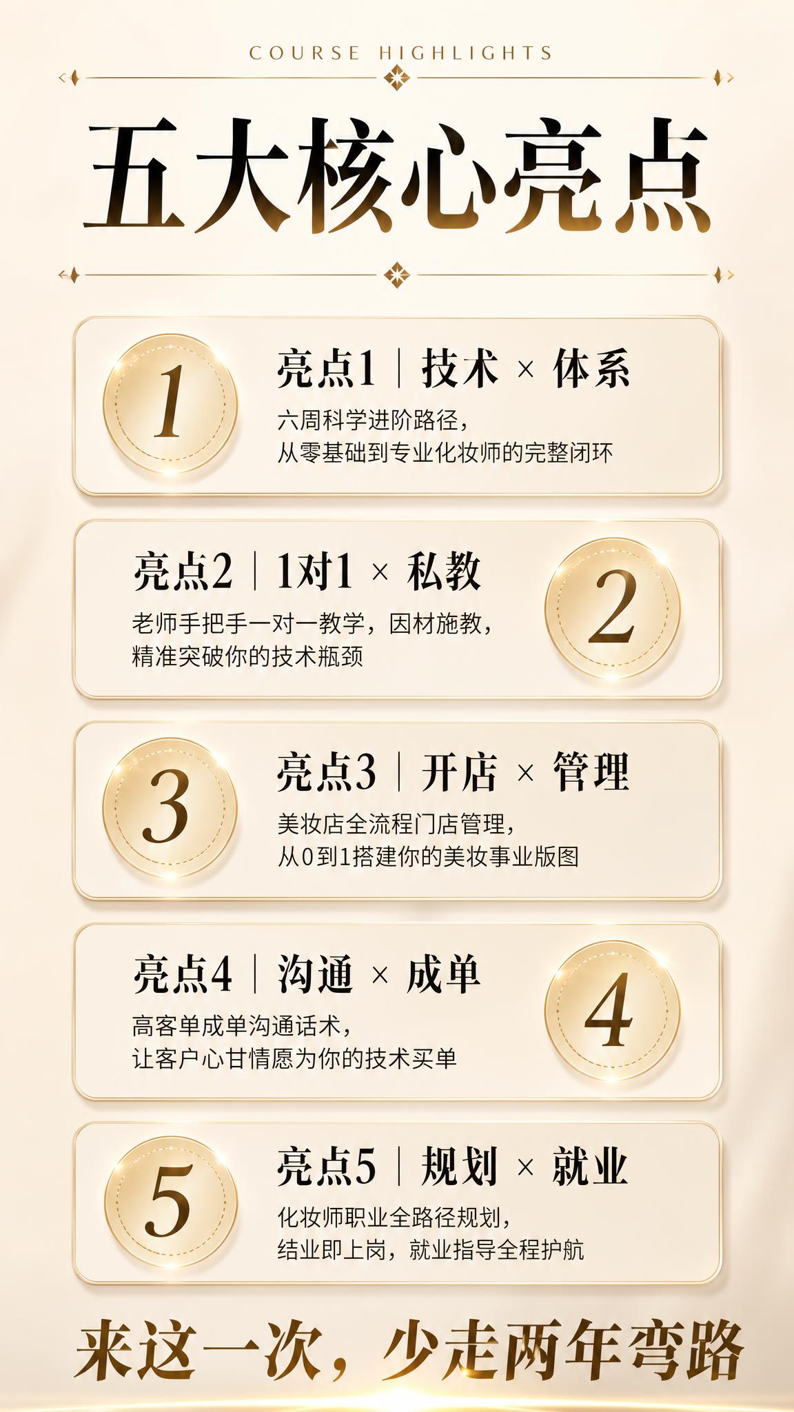 轻奢小香风美妆课程五大亮点海报，竖版9:16，米白奶杏色渐变背… - 图片创意预览