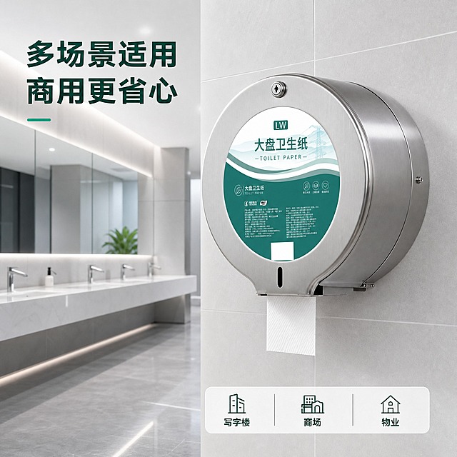 [主图-4] 场景适用图，展示大盘卫生纸在公共卫生间/商用场景的真实使用状态。
[统一基调] 整体风格为洁净商务品质感，背景主色为浅灰渐变+柔和青绿色点缀，标题字色为深墨绿，辅助字色为中灰色，强调色为青绿色，字体为现代无衬线粗体，字号层级分明，卡片样式为圆角轻阴影，图标为线性简约风格。
[画面] 真实商用卫生间场景，墙面为浅灰色瓷砖，不锈钢纸巾架上安装着一卷大盘卫生纸，纸巾从下方出口自然垂下一小段，展示安装使用状态。场景干净整洁，光线明亮柔和。画面右侧或底部用宫格小图形式补充另外两个适用场景小图标：写字楼卫生间、商场公厕，体现多场景适用。产品外观与输入图一致。
[光影质感] 真实场景摄影质感，柔和顶光+环境漫反射，纸巾架有金属高光反射，卷纸在架上自然贴合，墙面有均匀的光照过渡，整体明亮干净有空间感。
[配色] 场景主色调为浅灰+白色瓷砖，纸巾架不锈钢银色，产品白+深绿标签保持原样，场景标签用深墨绿字。
[文字版式] 左上角主标题"多场景适用 商用更省心"；右下角三个场景标签横向排列："写字楼""商场""物业"，每个配小图标。文字放在画面边缘负空间，不遮挡场景主体。
[输出要求] 1:1正方形，2048x2048，场景真实自然，产品安装状态合理，文字清晰，无变形，无错字，无水印，无平台Logo，无人物面部。