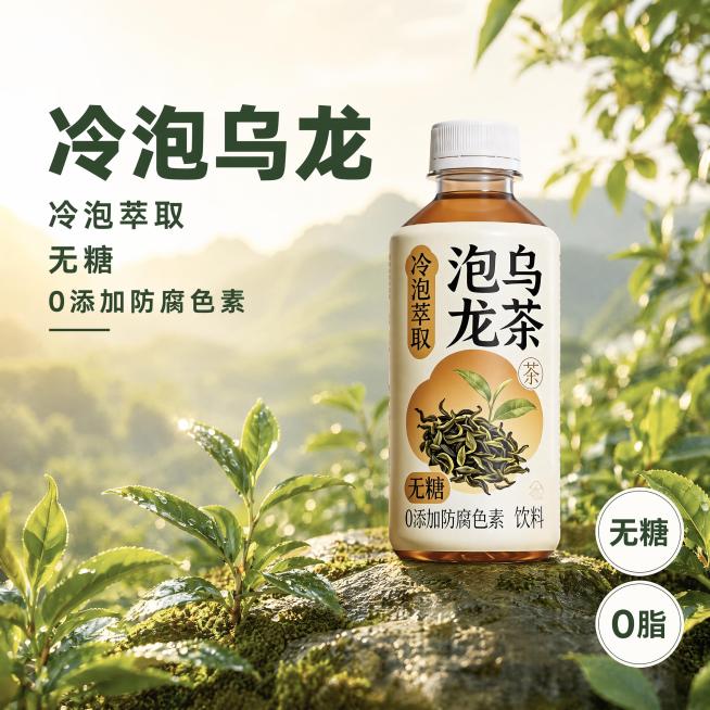 [主图-1] 冷泡乌龙茶无糖饮料电商主图，保持产品瓶身外观、颜色、文字信息和输入产品图一致，杜绝任何变形和色差，精细化处理。参考参考图的自然清新户外场景风格，构图为左文右图，商品主体放置在画面右侧，瓶预览效果