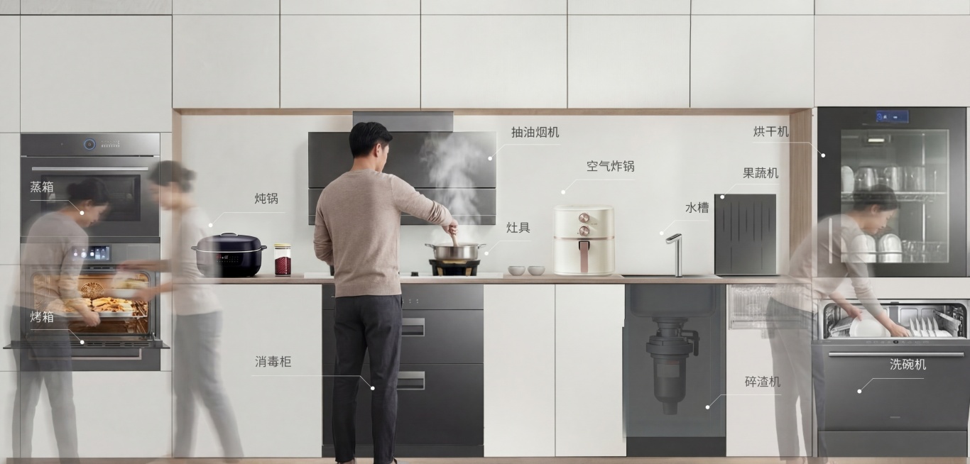 不改变原图片的所有厨具、标注文字和整体画面内容，在此基础上增加人物：添加一个真实人物正在抽油烟机和灶具面前做饭，在蒸箱烤箱、消毒柜、洗碗机旁边分别添加一个半透明的人物，半透明人物呈现出忙碌操作对应家电预览效果