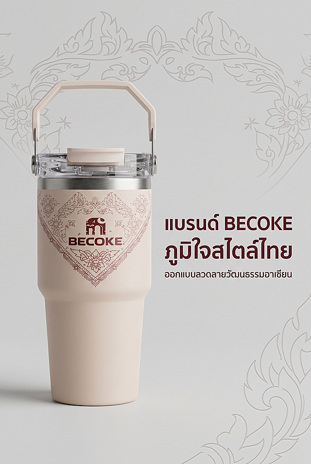 2:3 竖屏，东南亚泰国地域风设计，展示 BECOKE 品牌泰文英文标识，LOGO 位置原样保留，背景搭配简约泰式传统纹饰，右对齐排版品牌介绍文案，主标题【แบรนด์ BECOKE ภูมิใจสไตล์ไทย】，副标题ออกแบบลวดลายวัฒนธรรมอาเซียน，杯体侧摆展示外观造型，哑光肌理质感，色调统一柔和，高端简约视觉，负面提示词：logo 位置偏移，纹样错乱，画面杂乱，字体变形，曝光过度，多余摆件，画面扭曲，风格违和