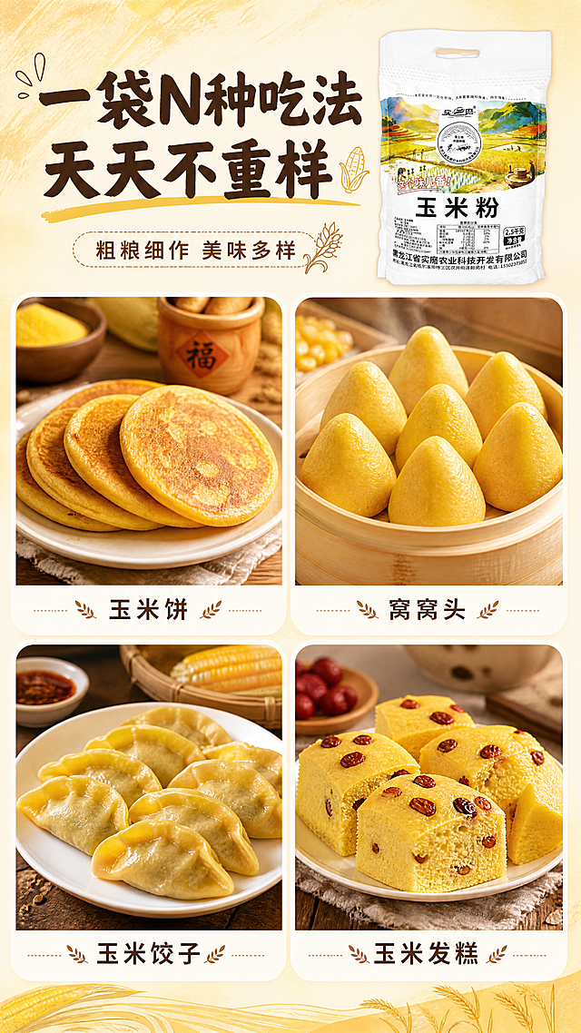[商品] 使用【图1】实磨玉米粉袋装产品，缩小置于画面右上角或底部，约占画面15%；保留包装袋所有文字、Logo和图案。
[画面] 目标：多样吃法场景种草，展示玉米面可做的多种美食。构图：2x2圆角卡片拼图 + 底部/顶部标题，4个格子分别展示不同玉米美食。主体位置：4张美食图占画面约70%。景别：每格为美食中近景。阅读动线：先看标题再逐格看美食。前中后景：每格独立场景，分别为玉米饼/窝窝头/玉米饺子/发糕，各有餐具和厨房/餐桌背景，整体色调统一暖黄。
[视觉] 套系策略：风格=家常烟火气田园风商业摄影；标题字=粗黑体带手写温度感；正文字=简洁圆体；主色=暖金黄+米白；背景延展=基于暖金黄和米白做深浅层级、同色渐变、稻穗/玉米纹理质感；强调色=深棕红，仅用于小面积图标、引线和标签；标题色=深棕；正文色=暖灰棕；组件=圆角米白底信息卡、细线引线、玉米/稻穗小图标；光影=左前侧暖柔光，每格美食都有自然食欲光。
[文字] 主标题"一袋N种吃法 天天不重样"，副标题"粗粮细作 美味多样"，4张美食图下方分别标注："玉米饼""窝窝头""玉米饺子""玉米发糕"。标题在画面上方，横向排版；每格底部小字标注菜名，全部横排。
[规格] 图片比例9:16竖版，4K，负向提示：避免变形、错字、文字过小、冷蓝/蓝灰背景、美食颜色失真、包装文字错乱、极限词。