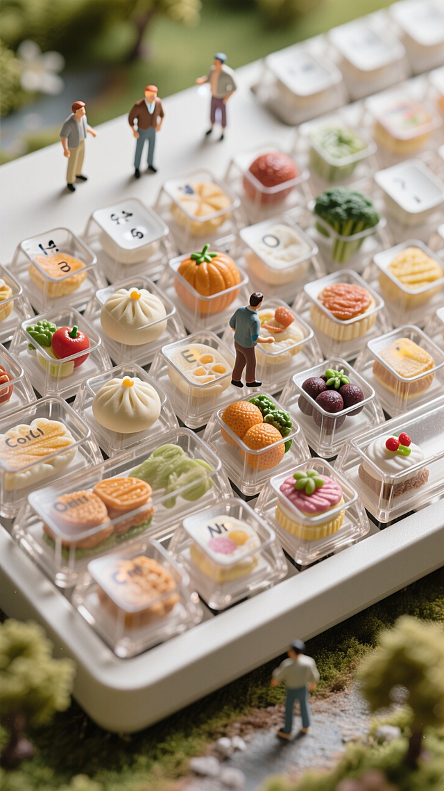 3D微缩艺术风，清新可爱趣味感，迷你人物与精致食物模型，营造童话般场景。