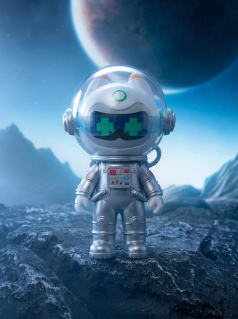 将图一完整的银色宇航员IP替换到图二原IP的中心位置，调整大小比例适配图二的场景，保留图二的太空星球、岩石山地背景和电影级光影氛围，完全去除图二所有角落和机身的文字、logo，保持整体构图一致，让IP预览效果