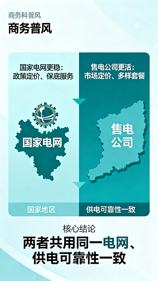 信息科普图，对比在售电公司买电和在国家电网买电的区别，左侧展示国家电网，配文"国家电网更稳：政策定价、保底服务"，右侧展示售电公司，配文"售电公司更活：市场定价、多样套餐"，底部标注核心结论"两者共用同一电网、供电可靠性一致"，风格简洁清晰，商务科普风，蓝绿色调