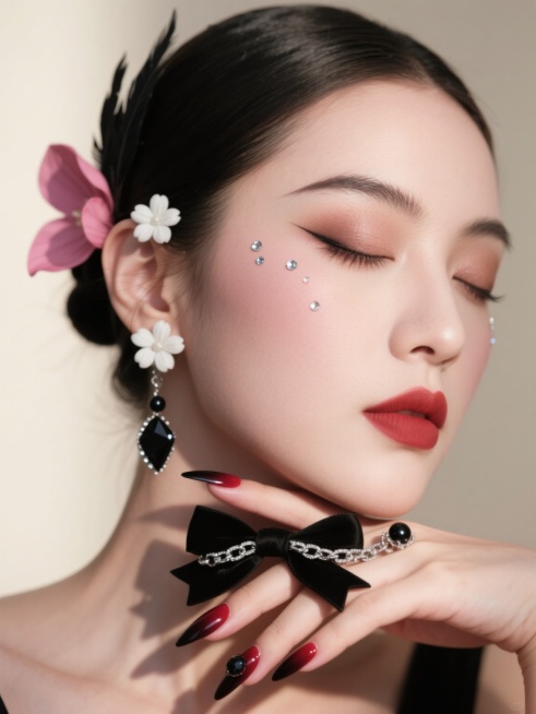 超写实人像摄影，柔和自然光从左上方照射，形成细腻的明暗过渡和柔和阴影，浅米色背景，女性侧脸特写，精致五官，闭着双眼，唇色为自然裸粉色，面部点缀银色小亮片、立体粉色花瓣和白色小花装饰，发丝优雅盘起，耳边垂落粉色花瓣装饰；手部轻托下巴，全新美甲设计采用深邃酒红色渐变底色，指尖镶嵌不规则切割的黑色水钻与银色金属链条装饰，搭配哑光质感黑色蝴蝶结立体甲片；整体妆造变换为冷艳暗黑系风格，眼妆以深棕与墨黑色……预览效果
