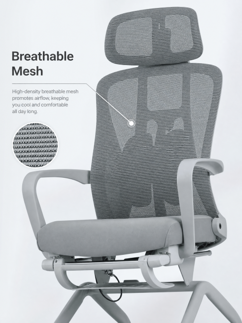 灰色网布办公椅，特写展示靠背透气网布材质，添加英文标注"Breathable Mesh"，干净简约背景，电商商品功能展示图，清晰质感预览效果