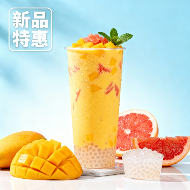 为上述“甜趣奶茶”新品杨枝甘露生成一张外卖平台商品主图，要求风格明亮清新，画面包含奶茶实物、杨枝甘露食材（芒果、西柚），搭配“新品特惠”文字标识预览效果