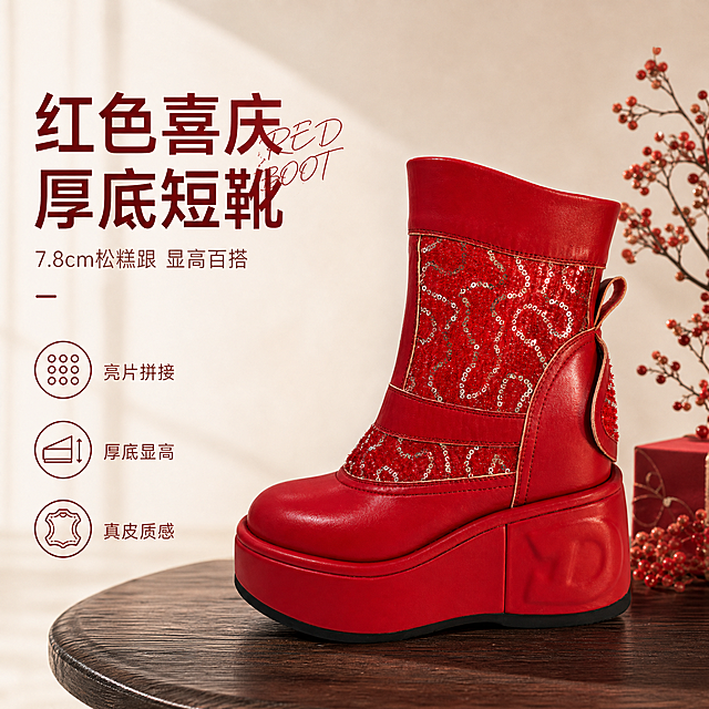 [单张主图] 红色亮片厚底短靴 高级氛围感主图，展示产品鞋型与材质。
[画面主体] 主体为红色亮片拼接真皮厚底短靴，保持产品外观（物理结构、亮片拼接纹理、厚底结构、颜色）与输入产品图绝对一致，杜绝任何变形和色差，精细化处理。靴子放置在画面偏右下位置，主体占比约50%，45度侧视展示完整鞋型，突出鞋头、鞋筒和厚底轮廓。
[构图版式] 采用左文右物场景型版式，左侧大面积留白放置文案，产品放大放右侧，底部用深色木纹台面承托，右侧加入少量节庆红色装饰元素，不抢占主体。
[场景元素] 背景为浅米白色渐变留白，左侧留白放置文案，右下角木纹台面自然承托靴子，添加少量干枯红色冬青枝叶作为装饰，整体简洁高级，突出产品主体。
[文案版式] 左上留白处左对齐排版，大字体写「红色喜庆厚底短靴」，下方小字标注「7.8cm松糕跟 显高百搭」，主标题旁叠加手写体英文装饰 "RED BOOT"，左下角添加三个线框图标卖点：第一个图标对应写「亮片拼接」，第二个对应写「厚底显高」，第三个对应写「真皮质感」，文字清晰不遮挡主体。
[光影质感] 左侧自然窗光作为主光，柔和通透，右侧补柔光填充，靴子皮质和亮片形成自然高光和反光，木纹台面有柔和投影，背景虚化浅景深，整体商业摄影质感，产品清晰真实，画面干净高级。
[配色字体] 主色调为浅米白，辅助色提取靴子正红色，强调色用深棕色木纹，字体主标题使用轻无衬线粗体，卖点文字用细体，字重对比克制，红色文字与浅色背景强对比清晰可读。
[比例分辨率] 1:1 比例，2k分辨率，文字清晰可辨，超高清。
[负向提示词] 变形，水印，文字错乱，产品图模糊，背景杂乱，主体遮挡，错字糊字，畸形结构