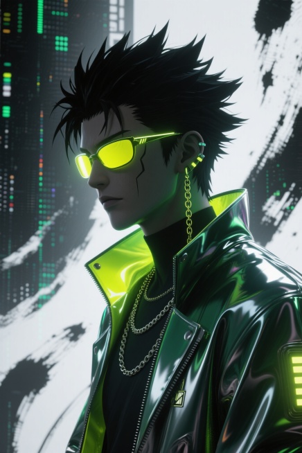 潮流男性须佐之男剪影，蓬松翘起发型，发光黄色墨镜，个性耳饰与链条饰品，反光渐变未来感外套，墨绿色数字矩阵背景，交织噪点与频谱美学，黑白基调，赛博朋克风格，水墨艺术笔触，UE5渲染，oc渲染，c4d风格预览效果