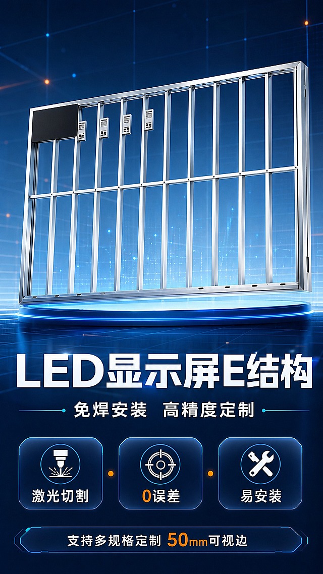 [详情页-1] LED显示屏E结构定制专业头图，建立科技感与产品第一印象。
[视觉] 套系策略：风格=浅蓝色科技风工业商业摄影；标题字=现代粗体无衬线字体；正文字=简洁无衬线体；主色=浅蓝#60A5FA；背景延展=浅蓝到深蓝渐变+科技网格线+发光粒子；强调色=深蓝#1E40AF+橙色点缀；标题色=白色；正文色=浅灰/白色；组件=圆角半透明科技卡片、细蓝线引线、发光边框；光影=冷调侧光+轮廓光，金属高光清晰。
[商品] 使用【图3】LED显示屏E结构不锈钢框架；保留整体框架结构、不锈钢包边、龙骨、定位横梁、穿线散热孔、电源安装孔、金属材质与银灰色调；精修金属表面，去除划痕脏点，增强不锈钢拉丝质感与边缘锋利度，不改变结构比例。
[画面] 9:16竖版，画面上半部分为大型E结构框架主体正面微仰视，占画面约55%，框架悬浮于科技感空间中，背后有淡蓝色发光网格线与粒子效果；框架下方有蓝色光带托起；下半部分为标题与核心卖点区；整体阅读动线从上到下，前中后景层次分明。
[文字] 顶部大标题「LED显示屏E结构」，副标题「免焊安装 高精度定制」；下方3个核心卖点胶囊：激光切割、0误差、易安装；底部一行小字「支持多规格定制 50mm可视边」；所有文字横排，白色为主，橙色强调数字。
[规格] 图片比例9:16竖版，2K分辨率，避免变形、错字、文字过小、模糊、杂乱背景、水印、平台logo、多余人物。