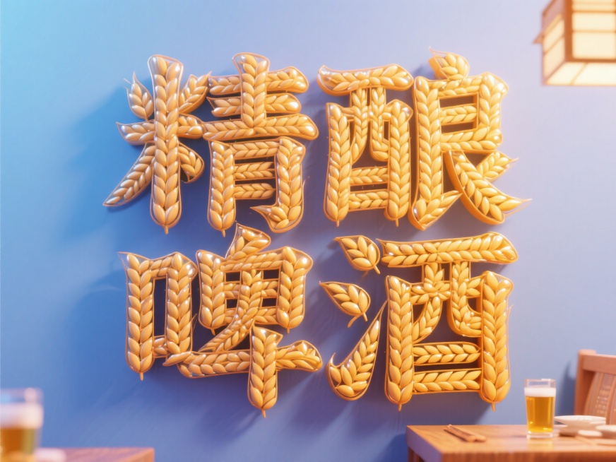 一个用麦穗做成的“精酿啤酒”大字，麦穗呈现光泽，背景是居酒屋预览效果