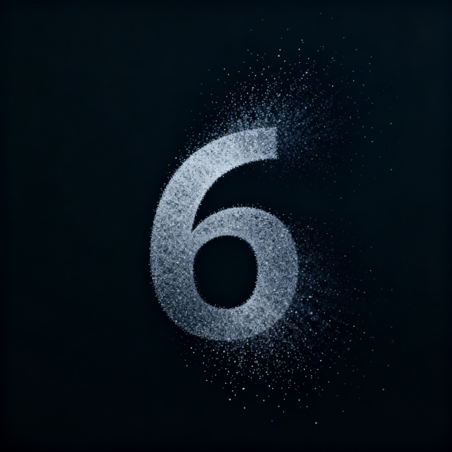 数字"6"由消散的粒子构成，粒子从中心向四周扩散出效果，数字居中放置，画面四周留出大量空白，深色简约背景，科技感，粒子效果精致预览效果