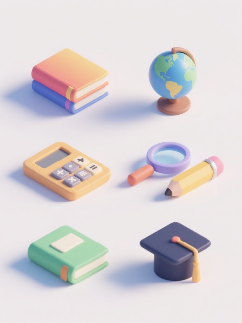 白色背景上排列整齐的6个不同配色、不同样式、不同材质的教育元素，采用现代简约的2.5D等距立体风格，每个元素具有平滑的渐变色彩过渡，柔和的光影效果，轻微的阴影增加立体感，元素包括书本、铅笔、地球仪、计算器、放大镜和毕业帽，每个元素细节丰富，边缘圆润，色彩明快且对比鲜明，整体构图平衡，具有清晰的视觉层级和简洁的设计感。预览效果