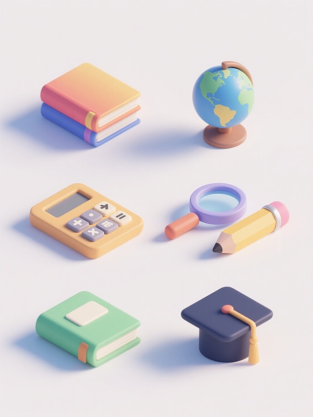 白色背景上排列整齐的6个不同配色、不同样式、不同材质的教育元素，采用现代简约的2.5D等距立体风格，每个元素具有平滑的渐变色彩过渡，柔和的光影效果，轻微的阴影增加立体感，元素包括书本、铅笔、地球仪、计算器、放大镜和毕业帽，每个元素细节丰富，边缘圆润，色彩明快且对比鲜明，整体构图平衡，具有清晰的视觉层级和简洁的设计感。