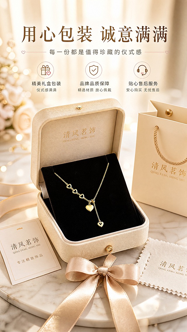 [商品] 使用【图1】清风茗饰镂空爱心项链；保留金色电镀质感与爱心完整结构；项链放置在打开的礼盒中，作为开箱视觉焦点。
[画面] 品牌信任，开箱仪式型。画面中央为一个米白色丝绒首饰礼盒，盒盖半开，项链静静躺在黑色丝绒内衬上，旁边有品牌卡片、擦银布、小礼品袋；礼盒放置在大理石台面上，背景为暖米色窗帘虚化；前景礼盒丝带蝴蝶结，中景项链与礼盒，背景虚化环境，≥3层环境元素，营造精致开箱与送礼仪式感。
[视觉] 套系策略：风格=轻奢温柔高级商业摄影；标题字=纤细优雅宋体衬线粗体；正文字=简洁无衬线细体；主色=香槟金+奶油米白；背景延展=基于奶油米白做渐变虚化与暖光散景；强调色=玫瑰粉金，仅用于小面积图标、引线和标签；标题色=深暖棕金；正文色=中暖灰；组件=圆角浅金信息卡、细金线引线；光影=45度侧上方暖柔光，礼盒内部有柔和补光，金属高光清晰。
[文字] 画面上方横向排版主标题"用心包装 诚意满满"，副标题"每一份都是值得珍藏的仪式感"，下方3个服务/包装卖点：精美礼盒包装 / 品牌品质保障 / 贴心售后服务；文字全部横向排版，不遮挡礼盒与项链主体。
[规格] 图片比例9:16竖版，4K，避免变形、错字、文字过小、冷蓝背景、颜色改变、结构失真、礼盒风格廉价。