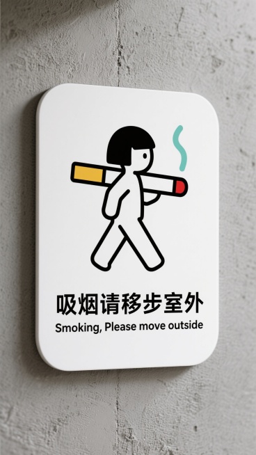 简约风格的禁烟提示牌，白色圆角矩形牌面，上方有一个卡通简笔画人物，黑色短发，白色身体，正扛着一支巨大的黄色烟身、红色烟头且冒着一缕青烟的香烟向右行走，人物姿态呈迈步状有动态感。牌面中间位置有黑色粗体中文“吸烟请移步室外”，下方是较小字号的黑色英文“Smoking, Please move outside”，字体为无衬线体，文字居中对齐。整体设计简洁明了，色彩对比鲜明，信息传达直接，适合张贴于室……预览效果
