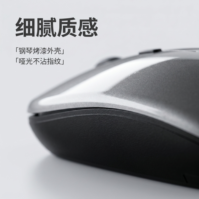 [主图 3] CARISE无线鼠标材质细节特写展示。
[氛围风格] 极致质感微距特写风
[画质] 商业摄影质感、光线柔和通透、产品纹理清晰真实、画面干净高级。
[元素] 特写展示CARISE无线鼠标的预览效果