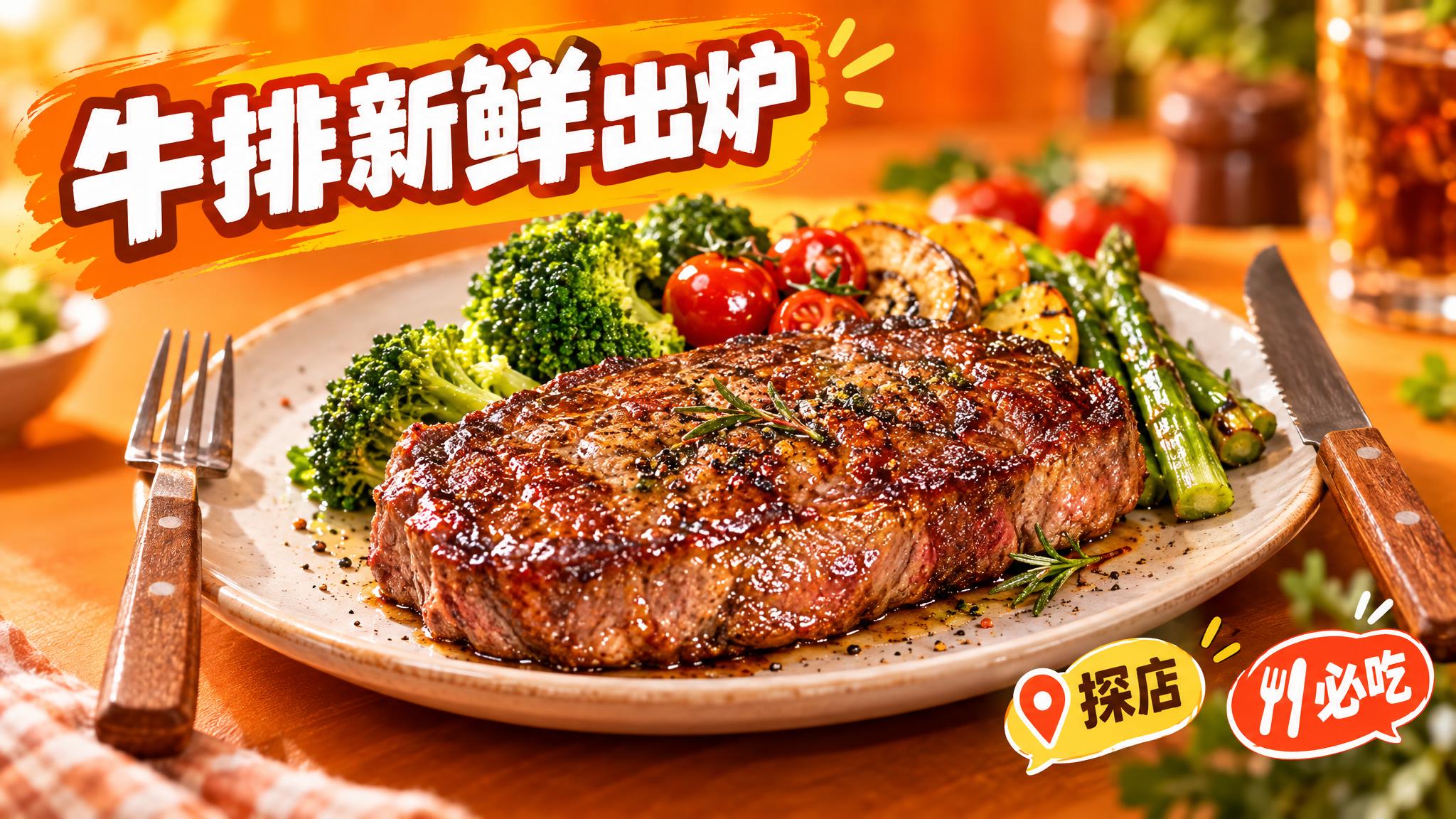 活力美食风格，暖橙色背景，画面中心是一盘色泽诱人的牛排，牛排表… - 图片创意预览
