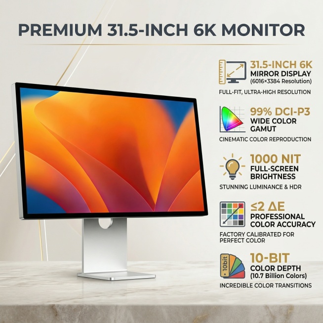 Product main image for 31.5-inch 6K computer monitor, light-colored background to highlight the prod预览效果
