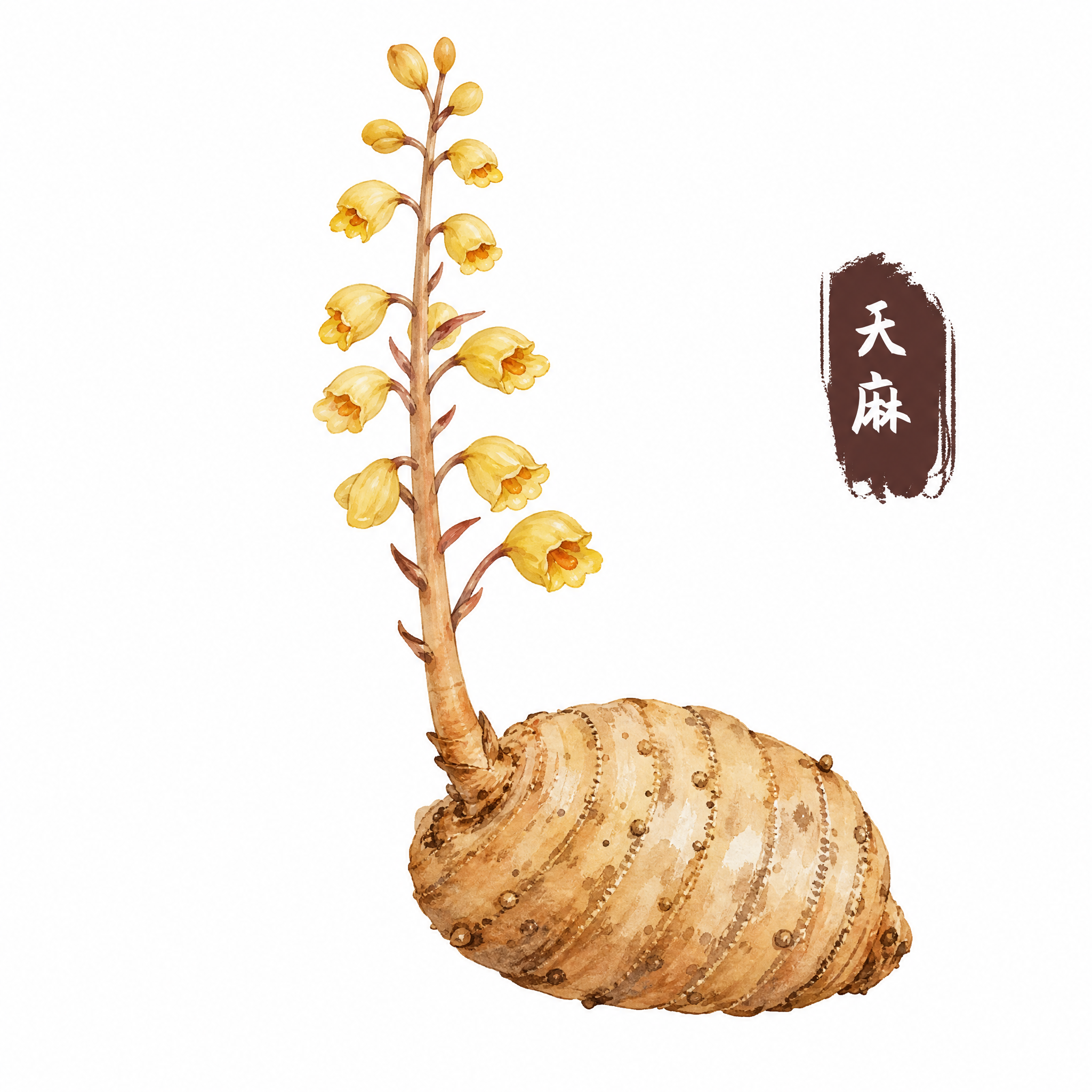 参考图中的国风手绘水彩插画风格，重新绘制一株真实形态的天麻植物… - 图片创意预览