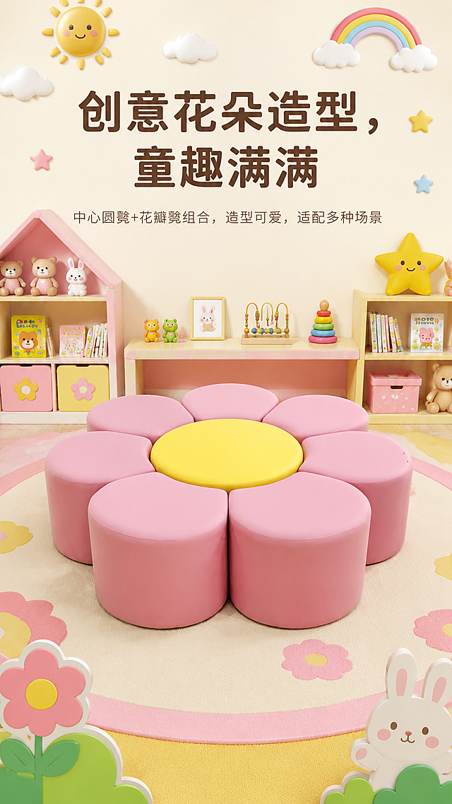 画面中心为完整的粉色花朵形组合软凳，中心圆凳黄色，花瓣凳粉色，背景为充满童趣的儿童活动区，搭配卡通小元素，整体对称，色彩明快。主文案"创意花朵造型，童趣满满"居中放大，字体为思源黑体加粗，颜色为深棕色（#5D4037），字号48px；副文案"中心圆凳+花瓣凳组合，造型可爱，适配多种场景"在主文案下方，字体为思源黑体常规，颜色为暖灰色（#8D6E63），字号24px，整体居中对齐。高清8K分辨率，软包边缘圆润光滑，拼接处细节清晰，无噪点。