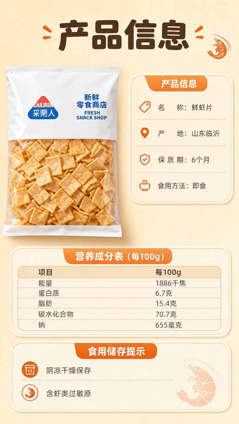 [商品] 使用【图1】采栗人鲜虾片；保留包装袋Logo、文字和… - 图片创意预览