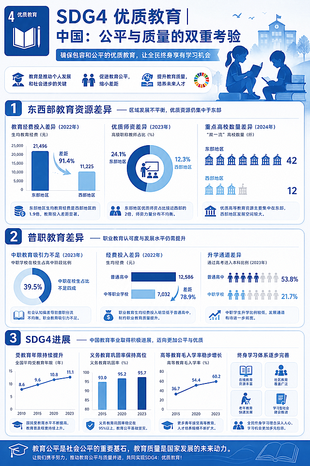 根据提供的内容，生成SDG4优质教育信息可视化设计海报，参考参考图的构图布局，将整体主色调改为蓝色。包含标题SDG4 优质教育 | 中国：公平与质量的双重考验，副标题确保包容和公平的优质教育，让全民终身享有学习机会，划分三个部分展示东西部教育资源差异、普职教育差异、SDG4进展，包含各类信息图表，排版清晰，蓝色主题风格