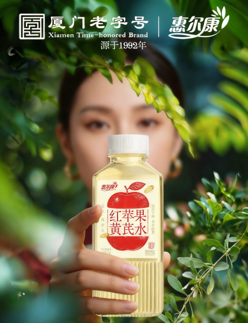 完全保留原图的构图、文字、人物、饮料瓶和所有元素，仅精准修改右下角，把原有的红色枸杞全部移除，补画上和周围环境融合、风格一致的自然绿色绿叶，过渡自然不生硬，保持整体清新自然的氛围预览效果