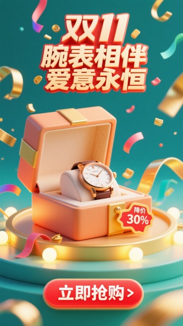 充满活力的双11销售海报构图。一枚优雅的手表放在打开的奢华礼盒中，周围是漂浮的彩带和金色丝带。电商风格，明亮欢快的灯光。“双11”Logo巨大且具有庆典感，位于顶部。主标题“腕表相伴 爱意永恒”采用粗预览效果