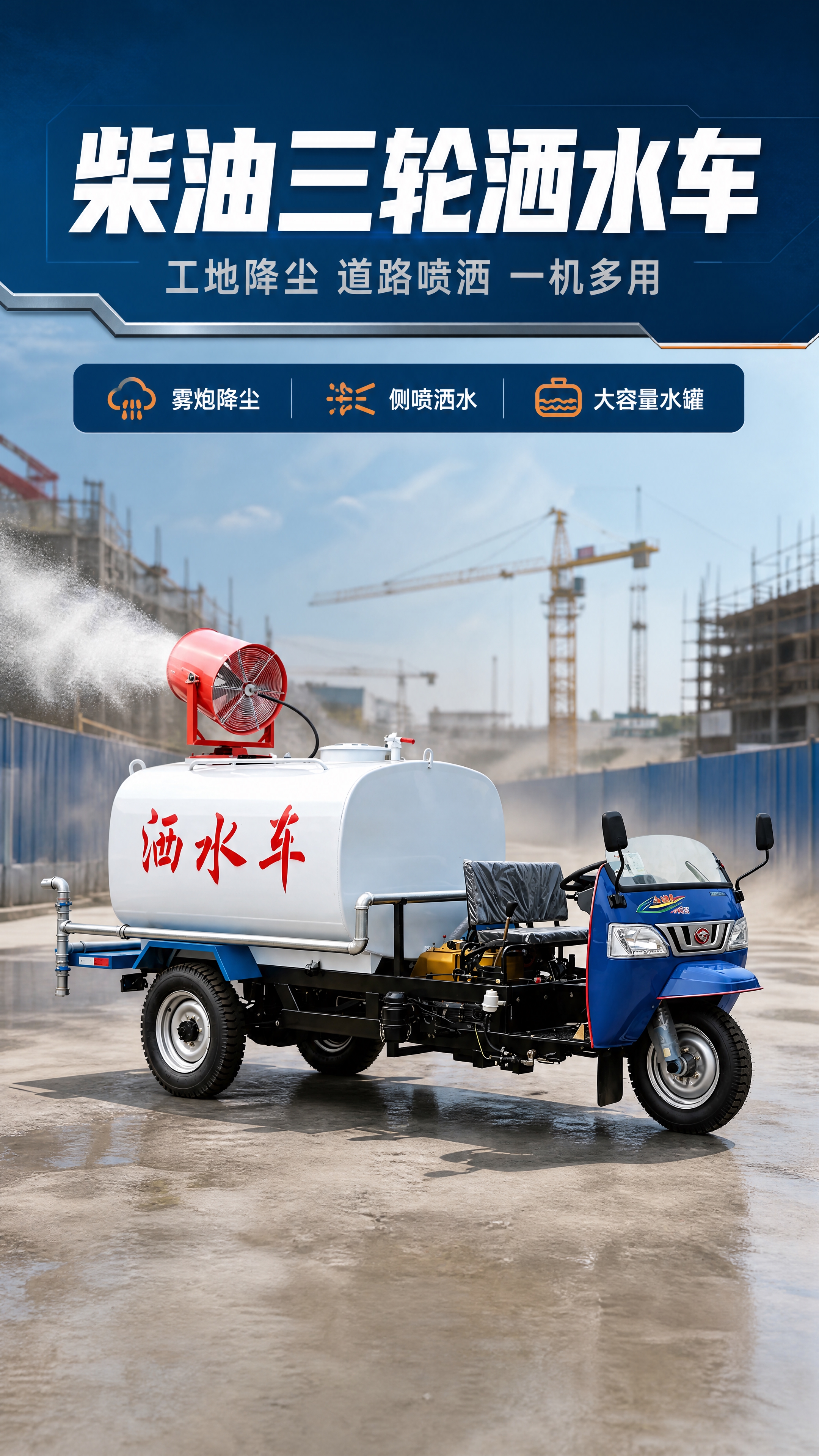 [商品] 使用【图1】柴油三轮洒水车；保留蓝色车头、白色水罐（… - 图片创意预览