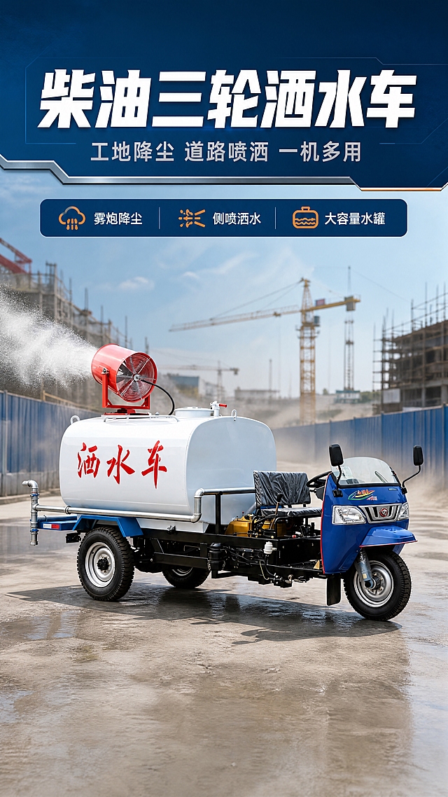 [商品] 使用【图1】柴油三轮洒水车；保留蓝色车头、白色水罐（红色"洒水车"字样）、红色雾炮机、银色喷洒管道、三轮结构、黑色轮胎、座椅、所有部件颜色和比例不变形、不改变颜色；产品朝向为右前方45度侧视，符合真实行驶方向。
[画面] 目标：专业头图，建立柴油三轮洒水车专业形象。构图：竖版9:16，上方30%为标题区，下方70%为产品+场景。产品占画面55%，位于画面中下部，右前方45度展示全貌。背景为建筑工地场景（远处塔吊、工地围挡、扬尘环境），地面为水泥路面，产品底部有真实接触阴影。前景点缀少量水雾效果从雾炮喷出，中景产品主体，后景虚化工地环境。阅读动线从上到下。
[视觉] 套系策略：风格=专业工业风工程商业摄影；标题字=粗黑体厚重有力；正文字=简洁黑体；主色=工程蓝；背景延展=基于工程蓝做深浅层级、蓝灰渐变和工业金属质感；强调色=警示橙，仅用于小面积图标、引线和标签；标题色=白色/深灰蓝；正文色=中灰；组件=圆角深蓝信息卡、橙色细线引线、工业风图标；光影=左前侧硬光，突出金属质感和体积感。
[文字] 上方标题区：主标题"柴油三轮洒水车"（7字，白色粗体大字），副标题"工地降尘 道路喷洒 一机多用"（12字，浅灰色小字）。产品周围配3个橙色小图标+短标签：雾炮降尘、侧喷洒水、大容量水罐，文字不遮挡产品主体。所有文字横排。
[规格] 图片比例9:16竖版，4K，负向提示：避免产品变形、颜色改变、缺件错件、文字竖排、文字过小、极限词、二维码、水印、淘宝Logo。